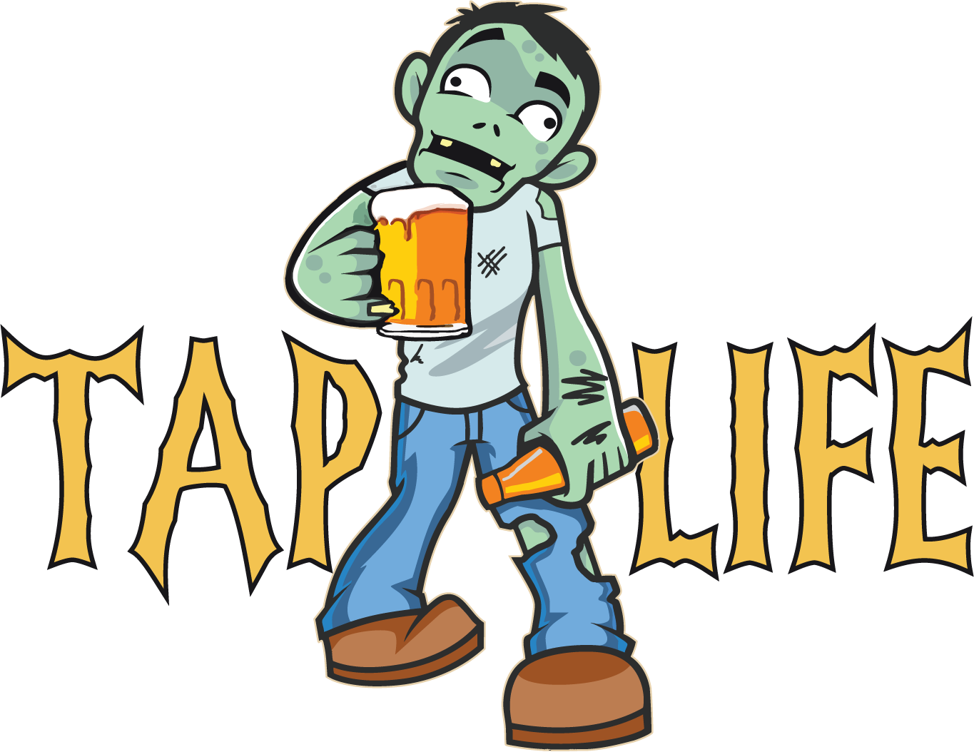 Cartoon zombie holding beer mug and bottle of beer, with tap life logo in spooky font.