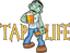 Cartoon zombie holding beer mug and bottle of beer, with tap life logo in spooky font.