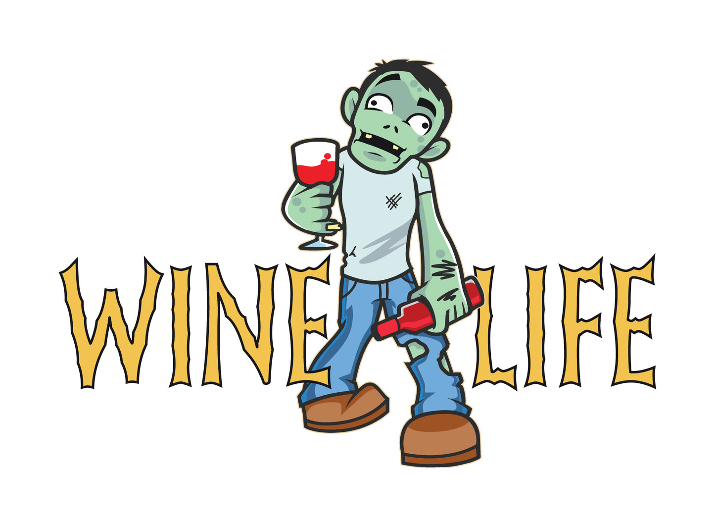 cartoon zombie holding wine glass and bottle of wine, with Wine Life logo in creepy font