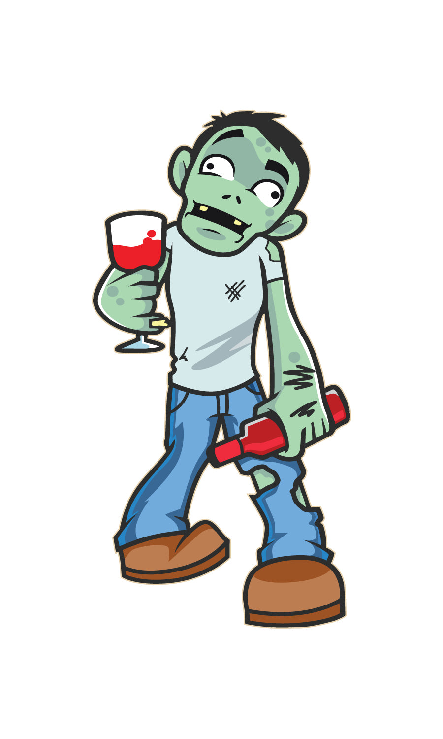 Wine life cartoon zombie holding a bottle of wine and glass of red wine