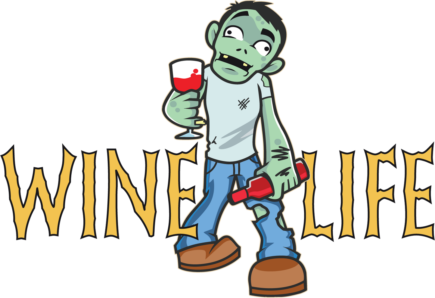 Cartoon zombie holding wine glass and bottle of wine, with wine life logo in spooky font.