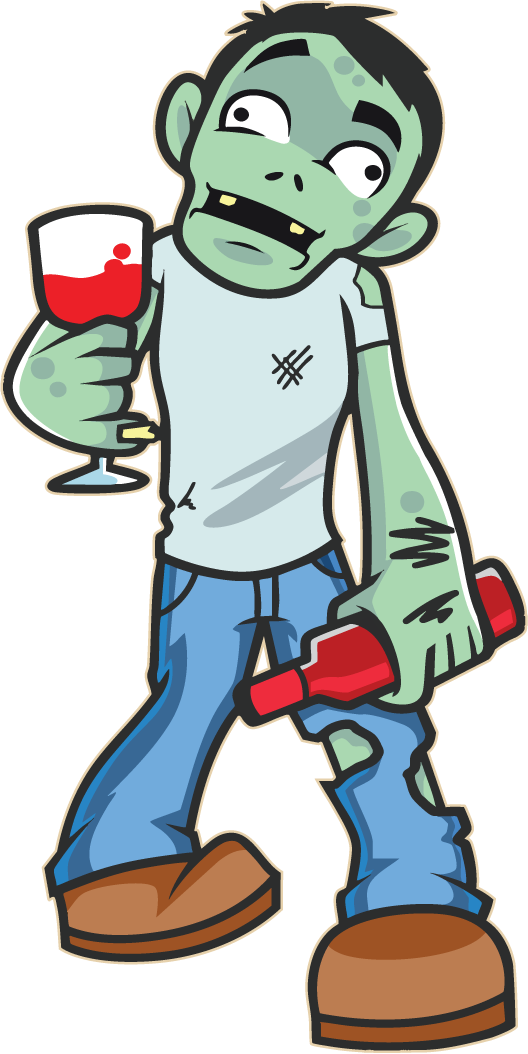 Cartoon wine life zombie holding wine glass and bottle of wine.