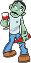 Cartoon wine life zombie holding wine glass and bottle of wine.