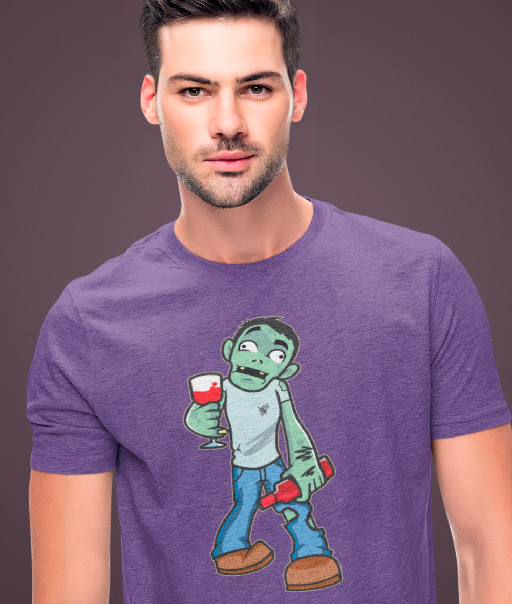 Man wearing heather purple t-shirt with wine life cartoon zombie holding wine glass and bottle of wine.