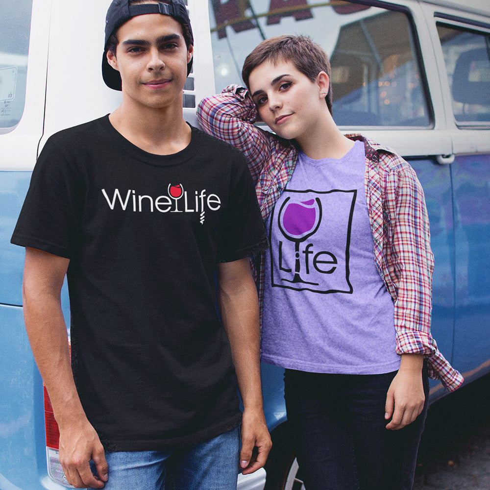 Young couple wearing Wine Life t-shirts, black shirt with Wine Life logo and purple shirt with purple wine glass.