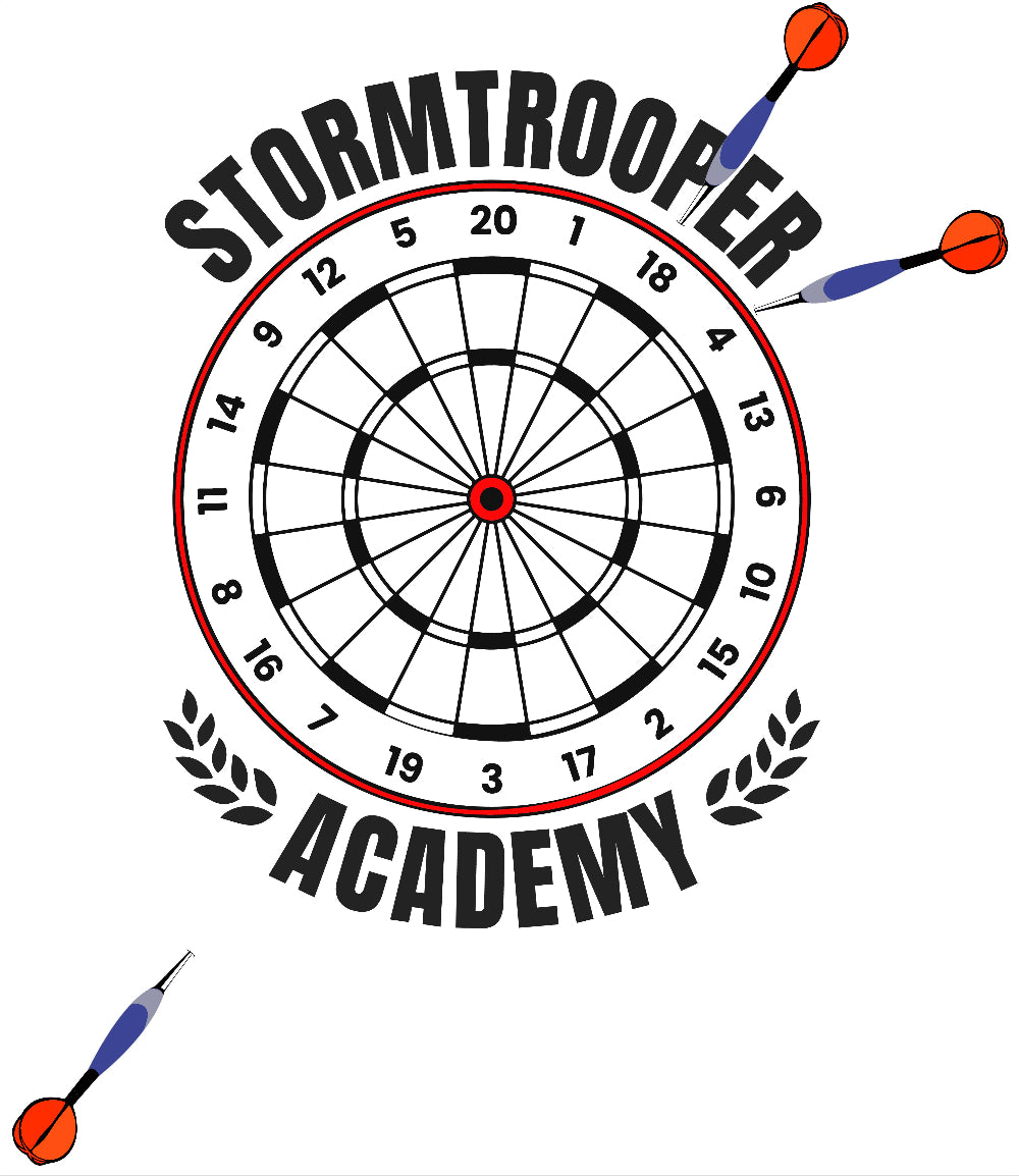 T-shirt graphic of a dartboard, 3 darts missing the board, and black text Stormtrooper Academy.