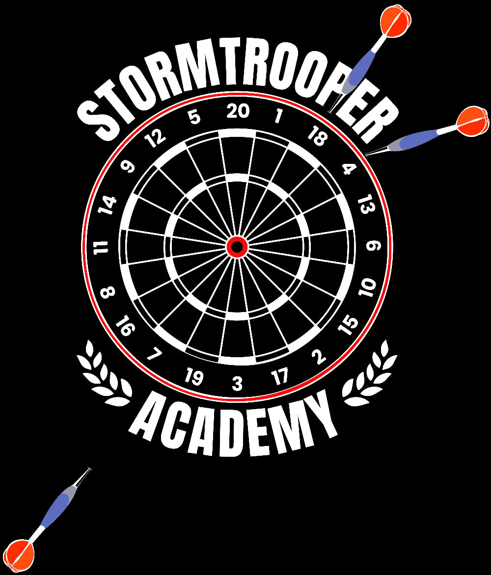T-shirt graphic of a dartboard, 3 darts missing the board, and white text Stormtrooper Academy.