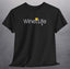Yellow Wine Life Corkscrew Logo T-Shirt featuring a glass and corkscrew design on a black tee shirt