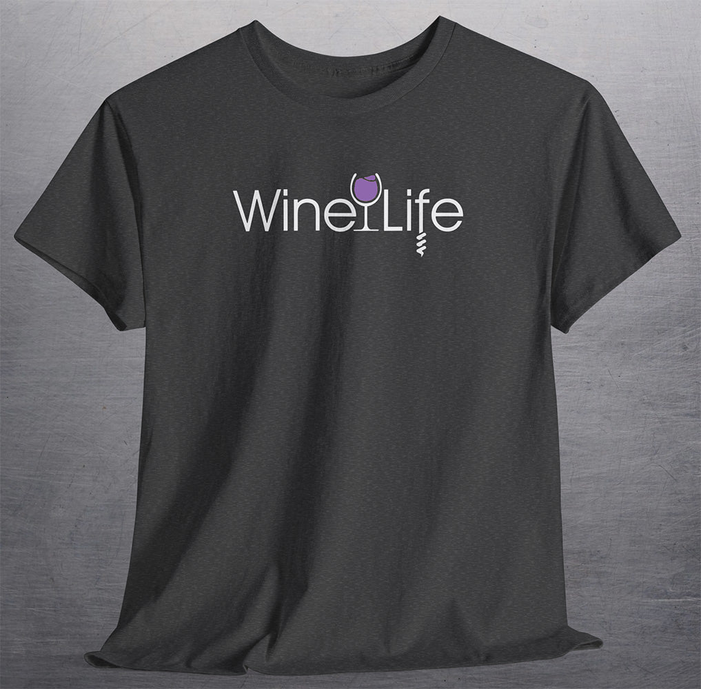 Heather charcoal shirt with wine life logo of purple wine glass and corkscrew