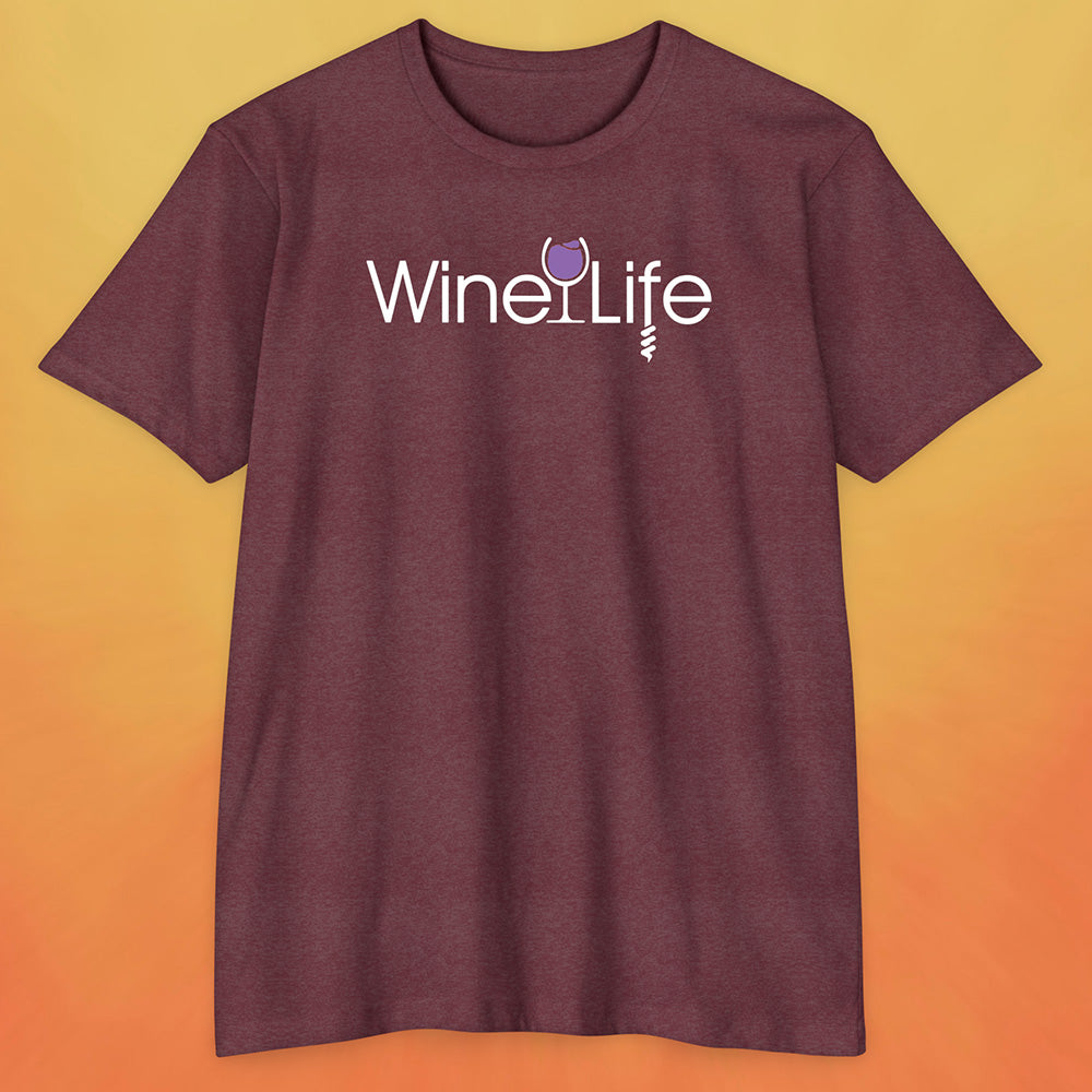 Heather maroon red shirt with wine life logo of purple wine glass and corkscrew
