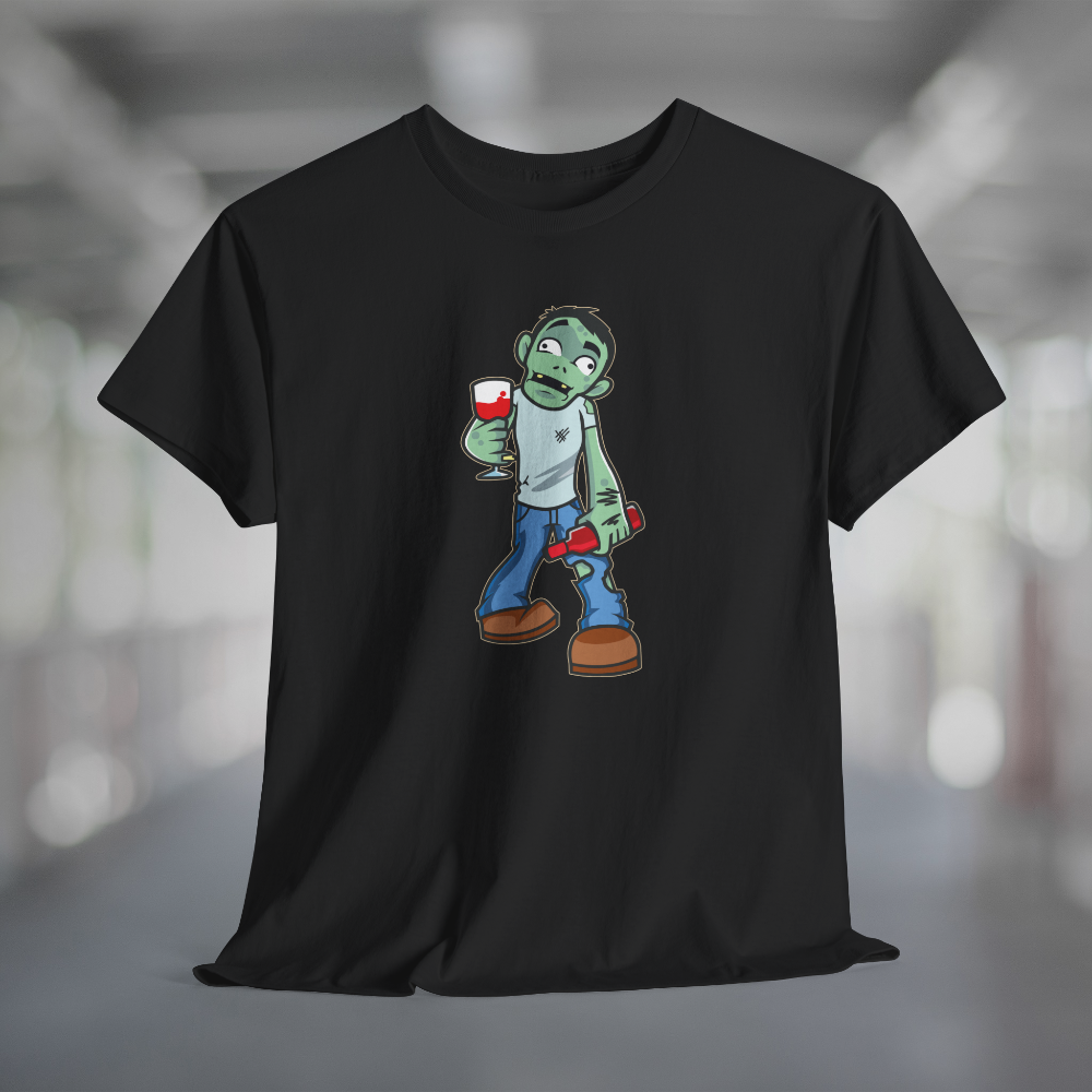 Black t-shirt with wine life cartoon zombie holding wine glass and bottle of wine.