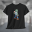 Zombie Wine T-Shirt featuring a cartoon zombie holding a glass of wine on a black background.