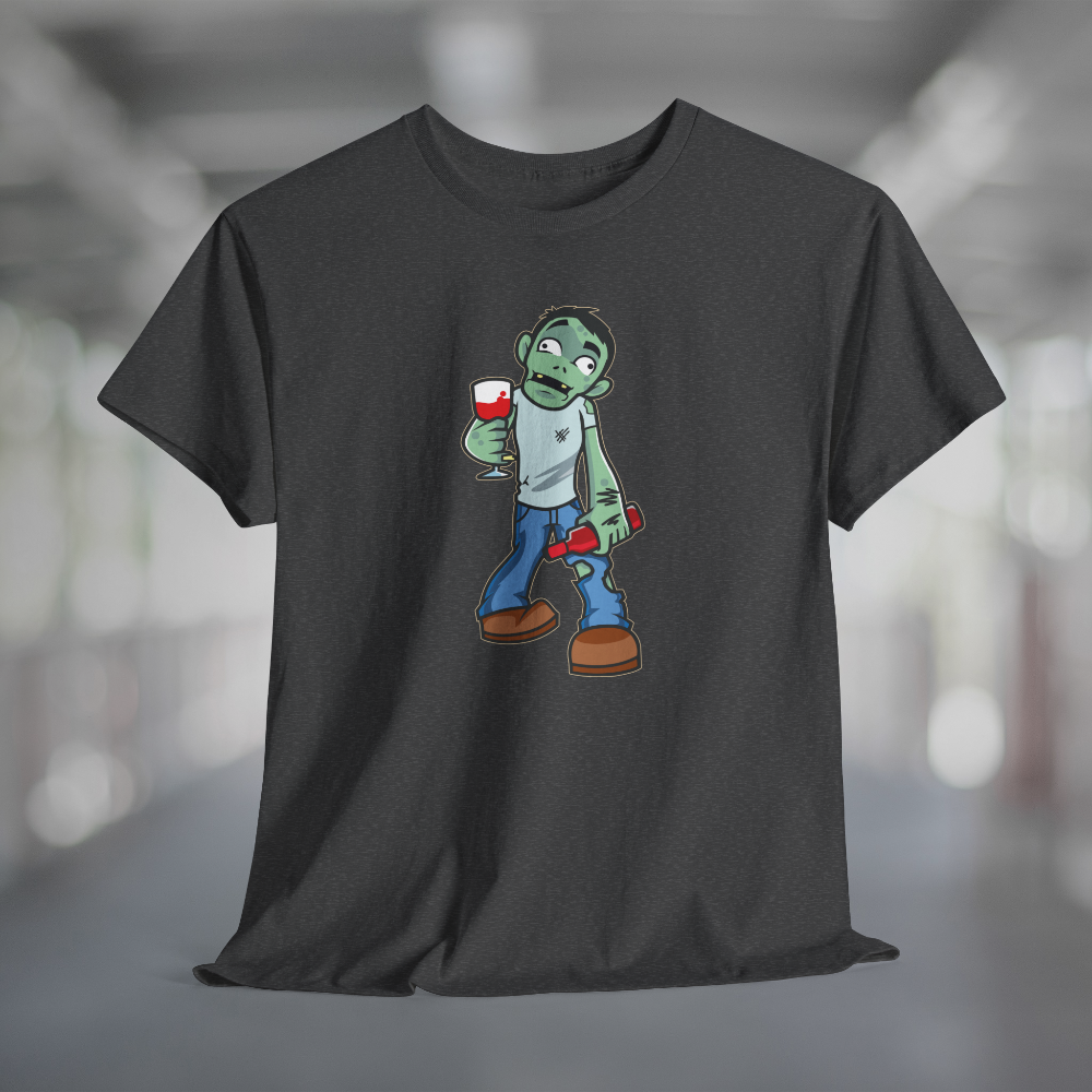 Heather charcoal gray t-shirt with wine life cartoon zombie holding wine glass and bottle of wine.