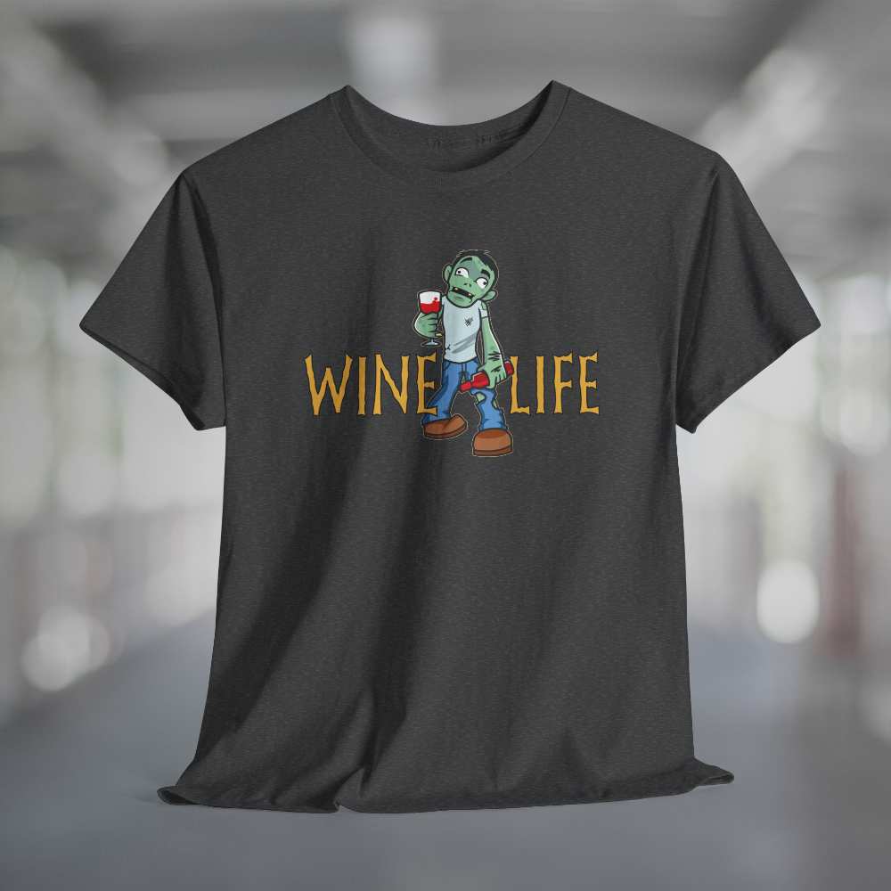Heather charcoal gray t-shirt with cartoon zombie holding wine glass and bottle of wine, with WineLife logo in creepy font