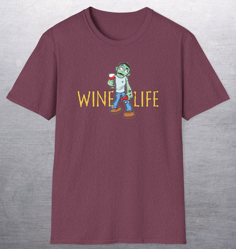 Heather red maroon t-shirt with cartoon zombie holding wine glass and bottle of wine, with Wine Life logo in creepy font