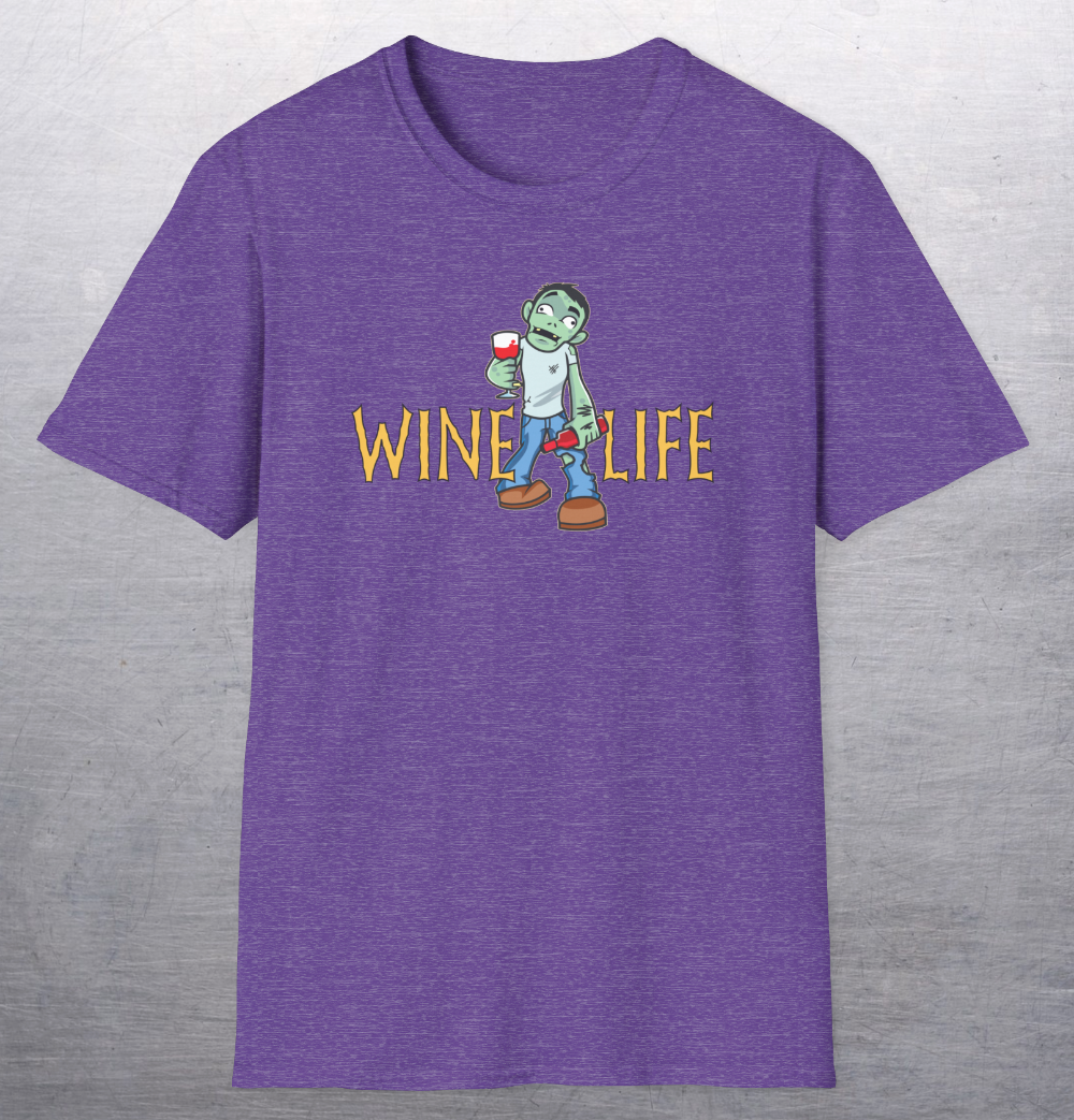 Heather purple t-shirt with cartoon zombie holding wine glass and bottle of wine, with Wine Life logo in creepy font