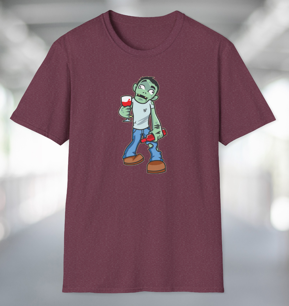 Heather red maroon t-shirt with wine life cartoon zombie holding wine glass and bottle of wine.