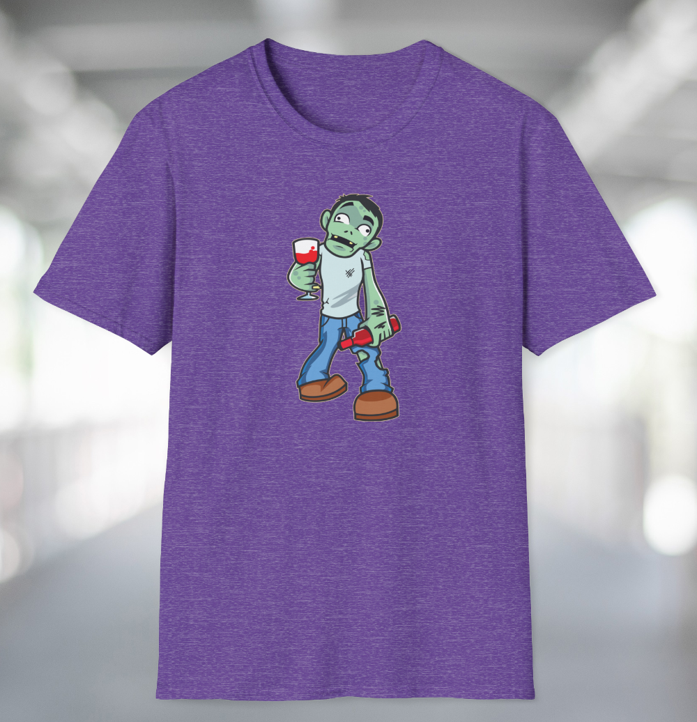 Heather purple t-shirt with cartoon wine life zombie holding wine glass and bottle of wine.