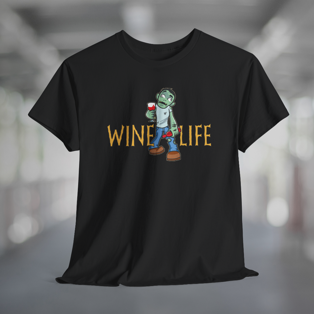 Black t-shirt with cartoon zombie holding wine glass and bottle of wine, with WineLife logo in creepy font
