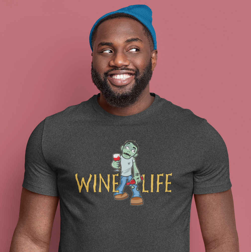 Man wearing heather charcoal gray t-shirt with cartoon zombie holding wine glass and bottle of wine, with Wine Life logo in creepy font