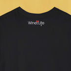 Back view of a black t-shirt featuring the Wine Life logo on top of neck line