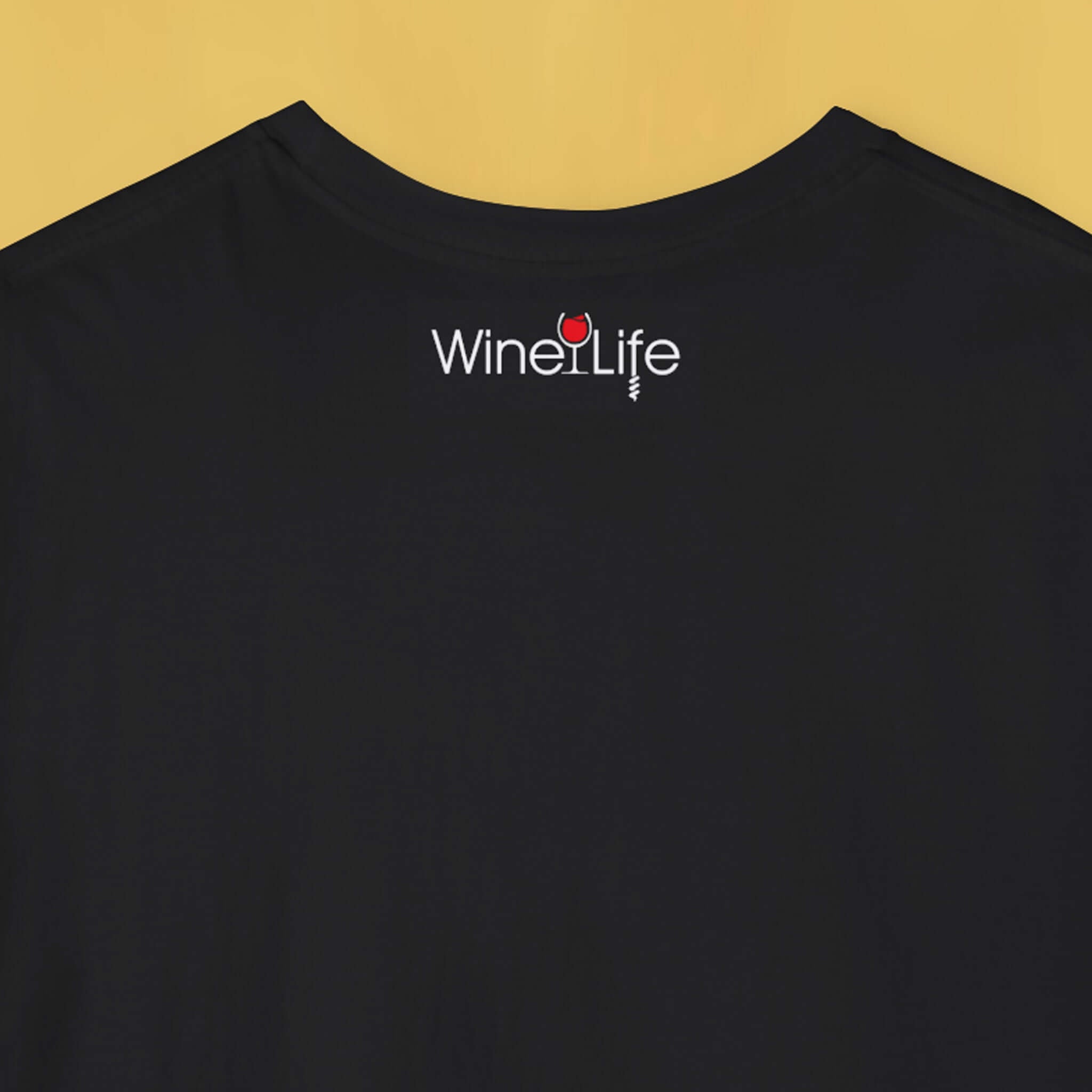 Back view of a black t-shirt featuring the Wine Life logo on top of neck line