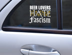 'Beer Lovers Hate Fascism' car decal on a silver vehicle.