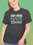 Woman wearing Heather charcoal gray t-shirt with decorative text Beer Lovers Hate Fascism on front