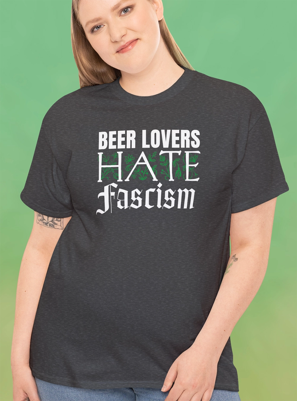 Woman wearing Heather charcoal gray t-shirt with decorative text Beer Lovers Hate Fascism on front