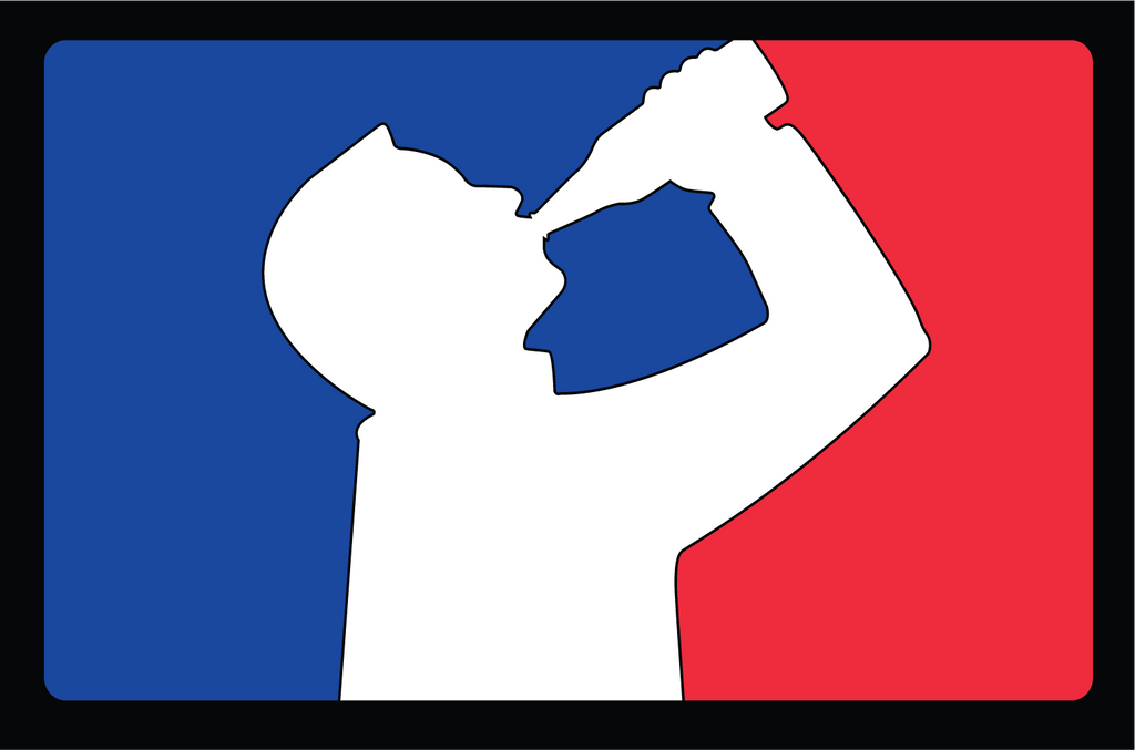 White silhouette of man drinking beer with red and blue background, like professional sports logo.