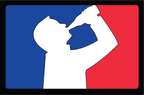 White silhouette of man drinking beer with red and blue background, like professional sports logo.