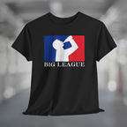Black t-shirt with white silhouette of man drinking beer with red and blue background, like professional sports logo, and words Big League underneath