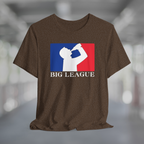 Heather brown t-shirt with white silhouette of man drinking beer with red and blue background, like professional sports logo, and words Big League underneath