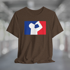 Heather brown t-shirt with white silhouette of man drinking beer with red and blue background, like professional sports logo.