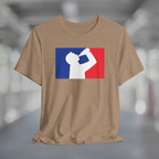 Heather tan t-shirt with white silhouette of man drinking beer with red and blue background, like professional sports logo