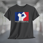 Heather charcoal gray t-shirt with white silhouette of man drinking beer with red and blue background, like professional sports logo, and word Professional underneath