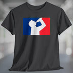 Heather charcoal gray t-shirt with white silhouette of man drinking beer with red and blue background, like professional sports logo.