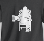 Gray t-shirt with white graphic of Bigfoot holding a beer mug, sitting in a lawn chair with leg crossed in relaxed position.