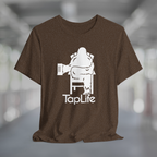 Heather brown t-shirt with white graphic of Bigfoot holding a beer mug, sitting in a lawn chair with leg crossed in relaxed position, Tap Life logo below.