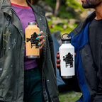 Two people holding water bottles with decal of Bigfoot relaxing in a chair, holding a beer mug and a wine glass.
