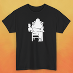 Black t-shirt with white print of Bigfoot relaxing in a chair and enjoying a glass of wine.