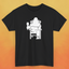 Black t-shirt with white print of Bigfoot relaxing in a chair and enjoying a glass of wine.