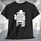 Bigfoot Wine T-Shirt featuring Sasquatch relaxing with a glass of wine on a black short sleeve t-shirt.