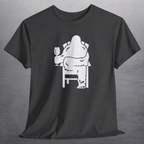 Heather charcoal gray t-shirt with white print of Bigfoot relaxing in a chair and enjoying a glass of wine.