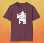 Heather red maroon t-shirt with white print of Bigfoot relaxing in a chair and enjoying a glass of wine.