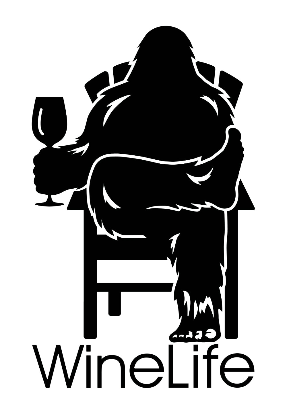 Black decal of Bigfoot relaxing in a chair and enjoying a glass of wine, Wine Life logo below. Main image
