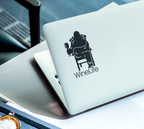 Laptop computer with black decal of Bigfoot relaxing in a chair and enjoying a glass of wine, Wine Life logo below.