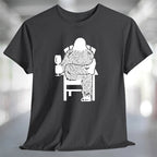 Bigfoot Wine T-Shirt featuring a relaxed Sasquatch holding a wine glass while sitting in a chair.