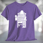 Bigfoot Wine T-Shirt featuring a design of Sasquatch relaxing with a glass of wine on a purple t-shirt.