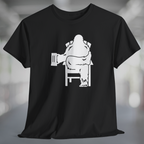 Black t-shirt with white graphic of Bigfoot relaxing in a chair and enjoying a mug of beer.